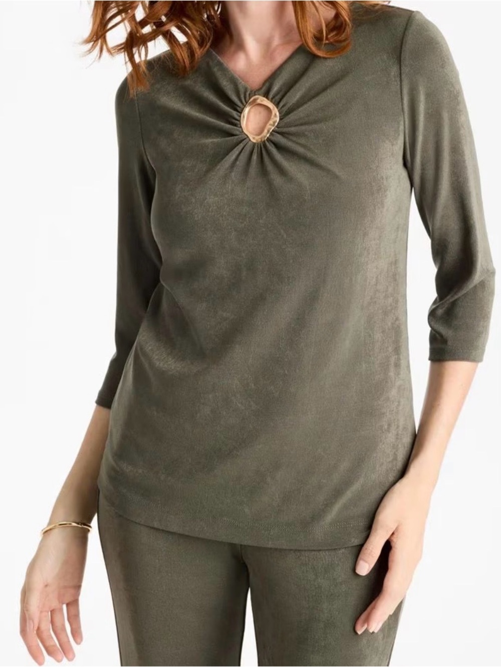 Chico’s Travelers Olive Green Women's 3/4 Sleeve Keyhole Top.Size-1